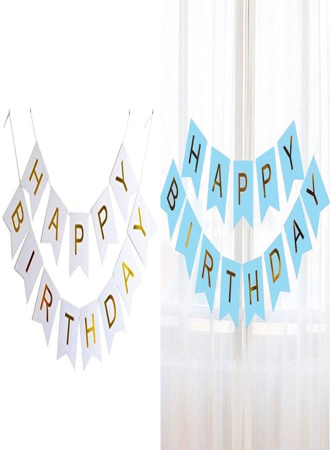 Skywalk Set of 2 Happy Birthday Banner Bunting Flag/Banner for Birthday Reception/Birthday Decoration Material (WHITE & BLUE) - Image 1